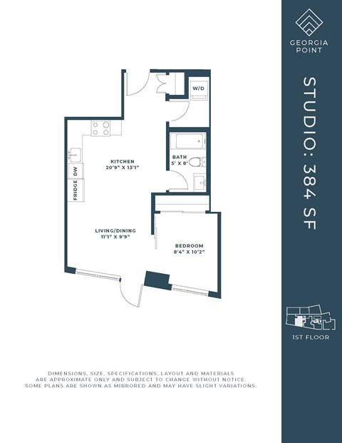 Floor plan for studio, 1 bath, 509 sqft